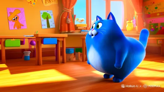 一只蓝色的胖猫在阳光明媚的教室里说话 by Hailuo AI Video Generator