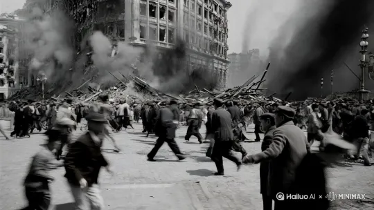 1943年炮弹轰炸广东首府，四处跑的人[左移,上升] by Hailuo AI Video Generator