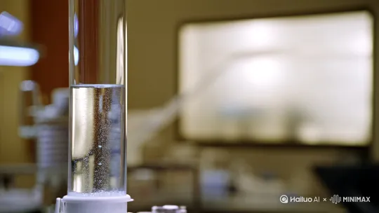 将水电解成氢气和氧气后，一个管子输出氢气，火花点燃，有一个管子输出的氧气助燃，产生极大的热能和动力。画出这样一个水晶透明的内燃机来的内部结构，从外面能清楚观看里面的运作过程 by Hailuo AI Video Generator
