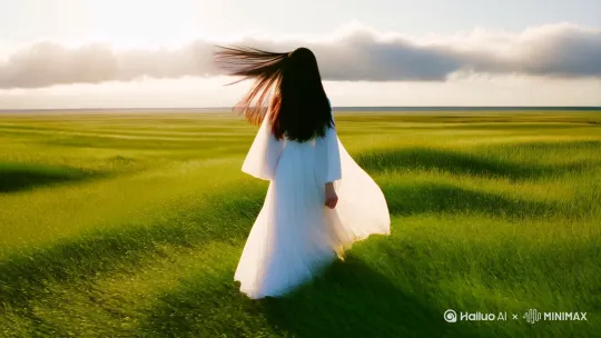 远景画面：茫茫草原与天际线相接，白云低垂，绿浪翻滚。中景画面：白衣女子的背影，走到草原上，黑色长发随风扬起，衣角翻飞。特写镜头（手部/发丝细节）：  画面：指尖轻触草尖，发丝间漏下阳光）  收尾镜头（人物转身侧颜，面部是鹅蛋脸，圆润温柔，目光悠远）： （画面：女子回眸，阳光为轮廓镀上金边） by Hailuo AI Video Generator