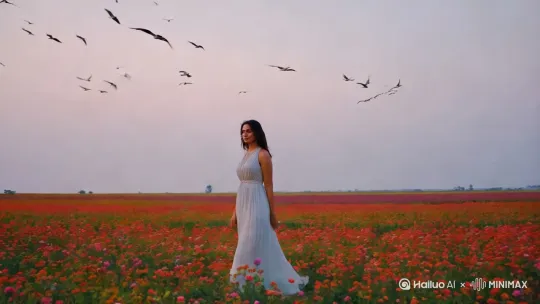 一个美女漫步在花海的时间里，周围有小鸟飞，画质非常的有朦胧感.镜头先缓缓下降，之后在下降过程中向右环绕 by Hailuo AI Video Generator