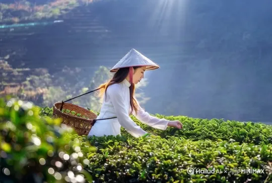 在杭州层层山峦叠翠，满山龙井茶树美丽的采茶女用手指轻轻拈起茶叶的嫩芽 by Hailuo AI Video Generator