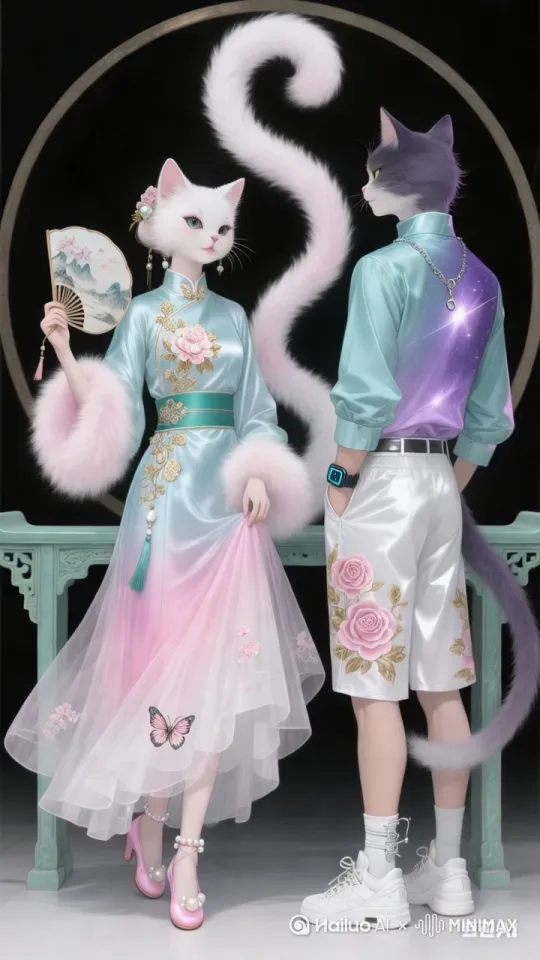 这两这两只猫正在说话。他们的面部表情要清晰可见，他们说话的动态要拟人化。猫小姐优雅的向前走了两步手摇着他的小扇子。开口和猫先生说话。猫先生也绅士的向前走了两步。他伸出手指着前方，也和猫小姐交谈着。画质要清晰流畅，大牌质感。3D高清。 by Hailuo AI Video Generator