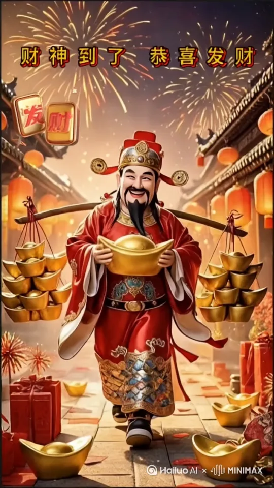 财神爷迈大步走过来，扁担在颤动，烟花在绽放 by Hailuo AI Video Generator