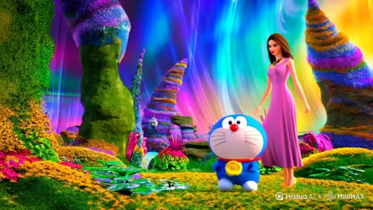 美女漫步在外星世界，周围有小叮当在到处乱跑，远处还有一个小黄人在嘲笑他们。 by Hailuo AI Video Generator