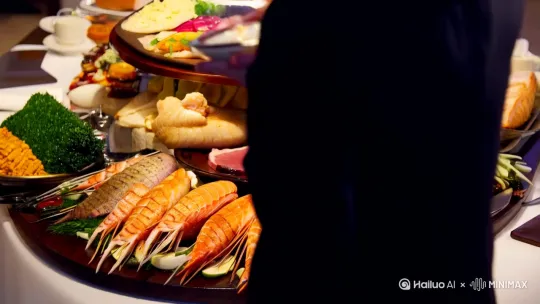 [下降,上摇]我们精选上等食材，从新鲜的海鲜到优质的肉类，每一口都是对味蕾的极致享受。" by Hailuo AI Video Generator