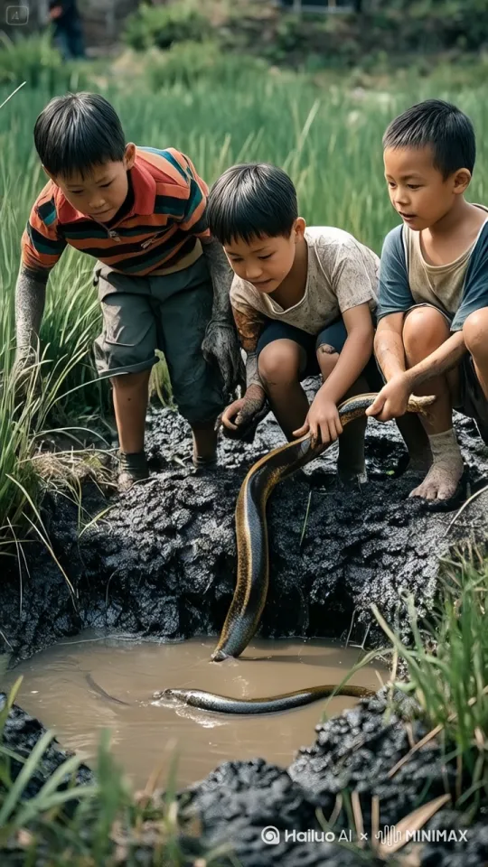 白衣服的小孩双手抓住泥鳅，试图将它拖上来。结果泥鳅使劲摆动，小白衣服男孩掉入水坑。污水四溅，其余两个小孩也被溅成了小“泥人” by Hailuo AI Video Generator