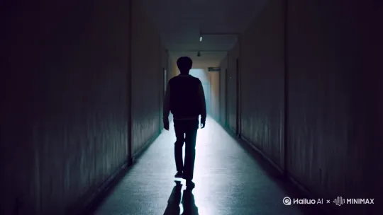 视频开始镜头跟随一个男高中生的背影，男子在阴暗深邃的走廊里远走越远渐渐消失 by Hailuo AI Video Generator