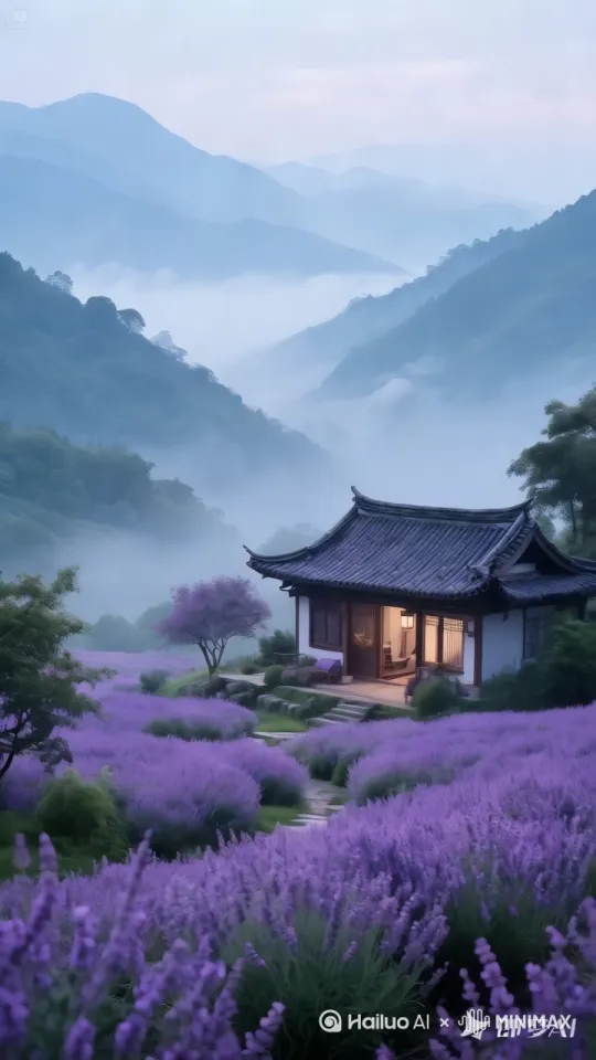 固定镜头缓慢右移，花海随晨风泛起涟漪，雾霭在山腰流动 by Hailuo AI Video Generator