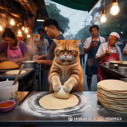 [拉远,上升,下摇]猫咪正在揉面 by Hailuo AI Video Generator