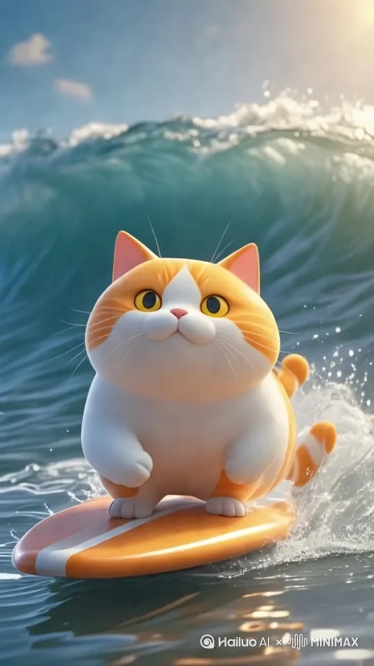 [下降,上摇]小猫在秀自己的冲浪技术 by Hailuo AI Video Generator