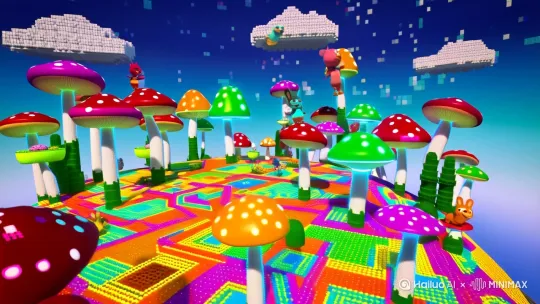 [场景描述]
在一个充满活力的复古像素风星球上，白天。

[详细的视觉元素描述]
星球表面由鲜艳的发光地砖构成，呈现出经典的8-bit像素图案。五彩缤纷的蘑菇森林遍布星球，每个蘑菇都是由大块像素组成。天空背景采用像素化的渐变蓝色，点缀着白色像素云朵。场景中散布着各种像素生物，如像素小鸟、像素兔子和像素史莱姆。部分蘑菇顶部闪烁，暗示它们是可跳跃的平台。整个场景融合了2D像素艺术和3D立体效果，创造出独特的视觉深度。

[主要动作描述]
镜头从星球表面缓缓上升并旋转，展现整个像素世界的全貌。像素生物在发光地砖上跳跃，部分穿过闪烁的蘑菇平台。背景中可见像素化的星星缓慢闪烁。

摄像机动作：缓慢上升并旋转，展现360度全景，模拟经典街机游戏的关卡预览。

氛围：充满活力、怀旧、趣味十足

风格：8-bit复古像素风格与现代3D效果的融合，鲜艳明亮的色彩

特殊效果：发光效果应用于地砖和某些蘑菇，增强视觉冲击力；像素化的粒子效果点缀整个场景 by Hailuo AI Video Generator