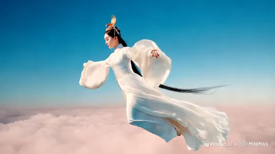 无人机视角,身姿曼妙的古装美女,身着一袭白色的锦缎长裙,裙摆随风飘动,恰似流霞飞舞。她头戴精致凤冠,此刻,她于广袤无垠的蓝天白云之间,平直身态向子弹一样急速飞行。她身姿轻盈矫健,抬头眼神专注锐利,直视前方。那湛蓝的天空上,云朵迅速从她身旁掠过,仿佛在为她的英姿让路,整个画面充满了灵动与震撼之感,电影效果, 高清质量 by Hailuo AI Video Generator