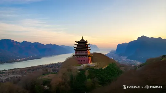 予观夫巴陵胜状，在洞庭一湖。衔远山，吞长江，浩浩汤汤，横无际涯，朝晖夕阴，气象万千。此则岳阳楼之大观也，前人之述备矣。然则北通巫峡，南极潇湘，迁客骚人，多会于此，览物之情，得无异乎？至若春和景明，波澜不惊，上下天光，一碧万顷，沙鸥翔集，锦鳞游泳，岸芷汀兰，郁郁青青。而或长烟一空，皓月千里，浮光跃金，静影沉璧，渔歌互答，此乐何极！登斯楼也，则有心旷神怡，宠辱偕忘，把酒临风，其喜洋洋者矣 by Hailuo AI Video Generator