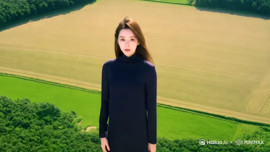 美女原地飞向空中，轻松地在空中滑行，快速飞行，双臂向两侧伸展，头部向前，捕捉平滑水平飞行的感觉。头发、衣服随风摇摆下面有田野和自然景观，无人机视角，一个超现实的高速梦境序列，相机紧密跟踪，相机从略高位置的俯视角度紧密跟踪从左后方向右后方移动，随着角色穿越场景。环境是动态的，快速变化。运动模糊和光迹增强了速度感和流畅性。快速移动。运动模糊和光迹增强了速度感和流畅性。快速高空跟踪镜头移动 by Hailuo AI Video Generator