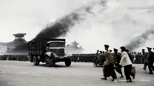 1943年炮弹轰炸广东首府，四处跑的人[左移,上升][右移,跟随] by Hailuo AI Video Generator