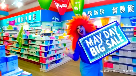 **短视频脚本（搞笑版）**：  
镜头1：店员戴着爆炸头假发，举着“五一大放价”LED牌，浮夸扭动：“老板疯了！买药送‘健康超人’称号！”  
镜头2：大叔推购物车狂扫货，突然刹车拿起枸杞：“养生突击队，冲鸭！”背景音效“叮咚~支付宝到账元气满满！”  
镜头3：阿姨抱10盒钙片跳广场舞步，店员举牌乱入：“别卷了！第二件半价管够！”  
镜头4：全员定格摆奥特曼手势，横幅弹出：“五一健康特工队，薅秃药店算你赢！”（结尾贴门店地址+“正品保障”标识）  

**笑点设计**：  
- 反差点：严肃药品+中老年魔性行为；  
- 梗适配：用网络热词“别卷了”“薅秃”拉近距离；  
- 合规提示：结尾强调正品，规避低俗风险。  
（157字，含空格标点） by Hailuo AI Video Generator