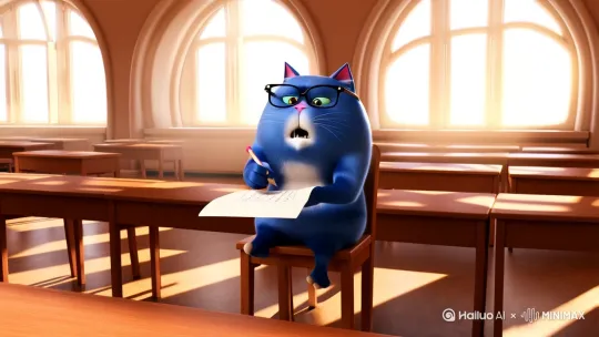 一只带黑框眼镜的可爱的胖胖的蓝猫坐在教室里的椅子上写试卷 一边生气的说话 by Hailuo AI Video Generator