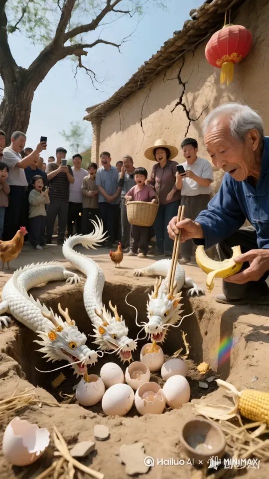 三只龙动起来，从左到右，依次飞起来（用中国龙的方式）钻入东边远处的海中，水花四溅，镜头动起来 by Hailuo AI Video Generator