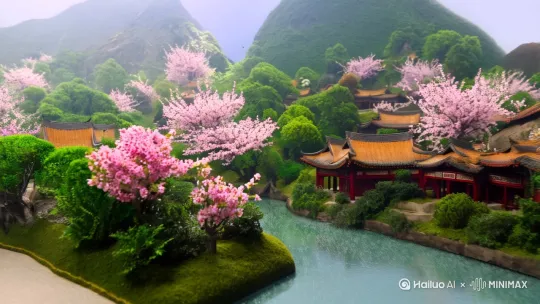 桃花源记，高清微观模型；拟态山水，中式建筑，山，花，河，盆景，江南风光，烟雨，村舍，生动的色彩，倾斜摄影鸟语花香，来来往往的行人 by Hailuo AI Video Generator
