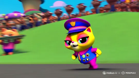 [跟随]意一只彩虹色的胖猫，身上穿着军服，戴着军帽，军服上有许多的徽章，他大喊着杀呀！随后，一只只彩色的胖猫拿着步枪，戴着军帽，穿着军服，一个个冲上去与奶龙的机甲对抗，后面还有一大群人扫射 by Hailuo AI Video Generator