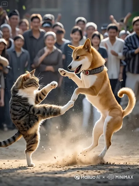 在一片空地上,猫和狗展开一场如同史诗般激烈的中国功夫对决。猫右脚轻点地面,如旋风般旋转,左爪迅猛攻向狗的头部,狗则敏捷前滚翻后连环踢腿反击。它们快速腾挪,带起尘土飞扬,周围人群欢呼拍手。镜头采用动态跟随,以8K超高清画质呈现这富有动感与张力的震撼场景,尽显中国功夫的博大精深。 by Hailuo AI Video Generator