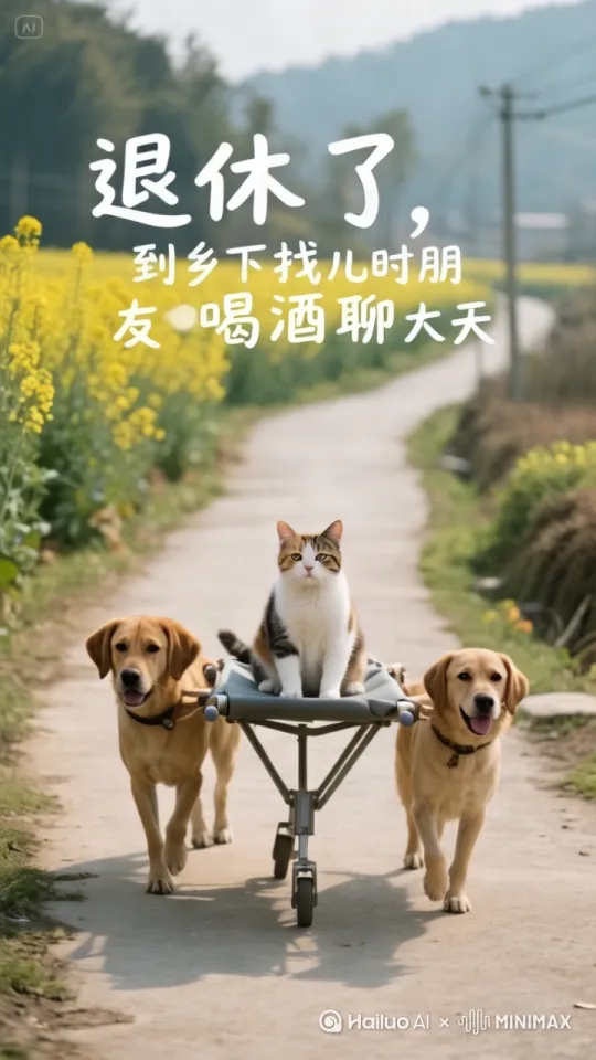 画画面中，大花猫，悠哉悠哉的抽烟，吐着烟圈，两只狗拉着车，往前走， by Hailuo AI Video Generator