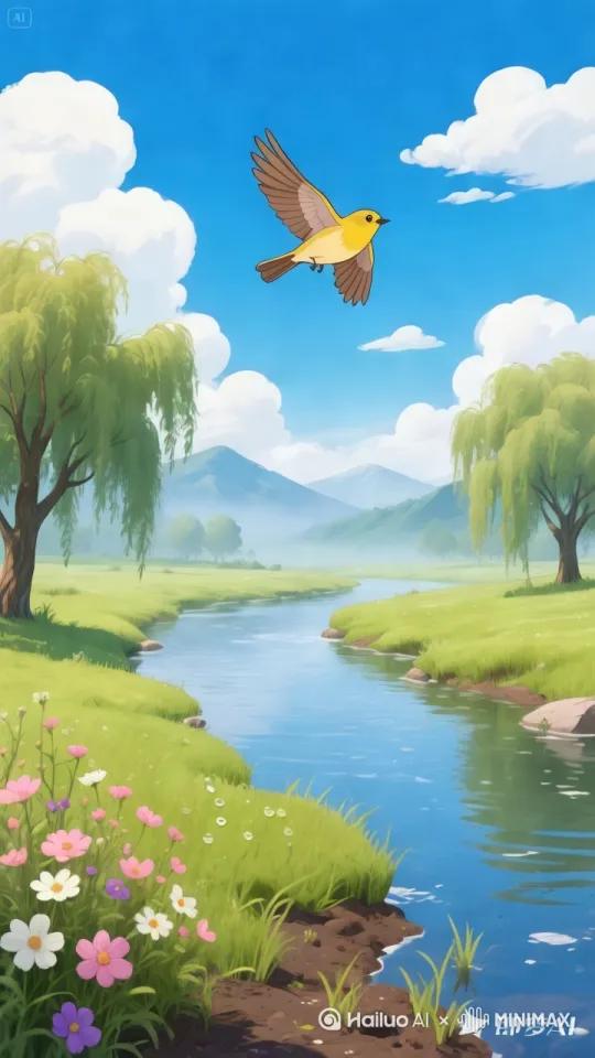 河水缓缓流动，河边的小花和杨柳在春风的吹动下微微摇动，图中的小鸟煽动着翅膀向空中飞去 by Hailuo AI Video Generator