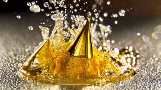 "Extreme close-up of molten gold droplets solidifying into 'V' shape, macro lens water splash effect, particle simulation 8K" by Hailuo AI Video Generator