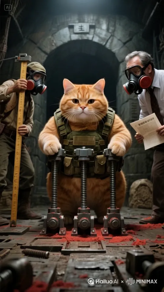 主墓室机关阵，胖橘猫同步操作三台千斤顶。左侧土夫子校准分金尺，右侧教授篡改《文物登记册》，所有人防毒面具滤芯浸透朱砂粉。 by Hailuo AI Video Generator