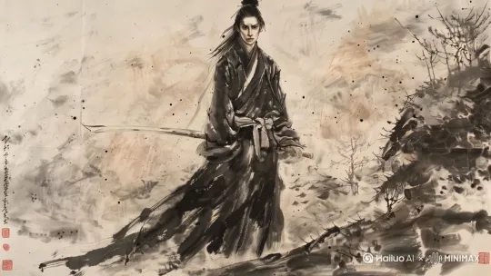 创作一段充满氛围感和动感的视频，灵感来源于一幅传统的中国水墨画，画中的孤独武士站在荒凉的景象中。武士身着深色飘逸的长袍，腰间佩戴着一把武士刀，坚定地走在一片迷雾弥漫的崎岖地形上。随着他的行走，背景逐渐变化，画中的墨迹和笔触仿佛复生，围绕着他旋转。武士的披风在风中飘动，地面上弥漫着升腾的薄雾，仿佛画面正在从静止的水墨画中展开。远处的树木轻轻摇曳，阴影在变化，营造出一幅沉浸式的武侠幻想氛围。视频应逐渐增强气势，突出武士的英姿与水墨艺术的优雅，配合一段史诗般的管弦乐音乐，使其更加生动。[左移,推进,右摇] by Hailuo AI Video Generator