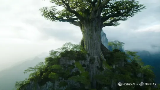 仙古绿色神树生长在一座神秘的山峰上。[左移,推进,右摇]山峰高耸入云，云雾缭绕。神树的枝干直插云霄，仿佛要触摸到天空[上升]。站在树下，可以俯瞰着周围的群山，感受着大自然的壮丽与雄伟。[推出,上升,下摇] by Hailuo AI Video Generator