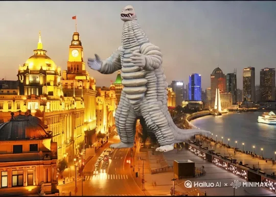 这个巨大的怪兽在肆意的破坏着城市，人们四散奔逃。 by Hailuo AI Video Generator