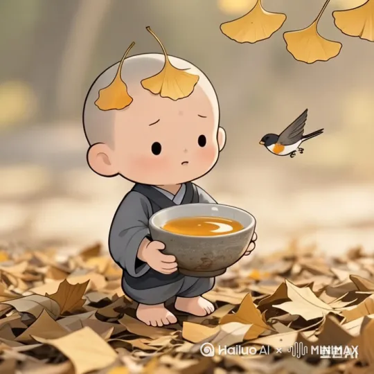 银杏叶随风飘，图中小沙弥站在原地，眼睛一眨一眨，小鸟在飞 by Hailuo AI Video Generator