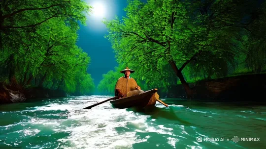 请用两岸绿树枝条轻轻摇摆，
，明月照耀江水，水面波光粼粼，渔人身披蓑衣斗笠摇橹缓慢行与江面，渔人摇橹是主要要有正面镜头特写可以优化一下身材相貌以及动作，船上要有渔网以及鱼获，两岸树木江水景色为背景衬托 by Hailuo AI Video Generator