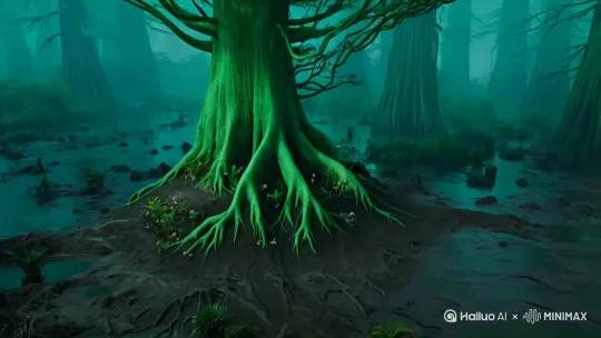 在一片神秘的沼泽地中，仙古绿色神树孤独地矗立着。[下降,上摇]沼泽地中，泥泞不堪，充满了危险的气息。但神树的根系却深深地扎入沼泽地中，顽强地生长着。周围，一些奇特的植物和动物在神树的庇护下生存着。[右移,左摇,跟随] by Hailuo AI Video Generator