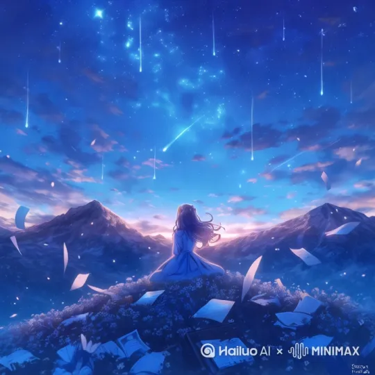 一幅唯美的动画场景，一位身着淡蓝色长裙的女孩静静坐在繁花点缀的山巅，长发随风轻柔舞动。璀璨星空如梦幻织锦，繁星闪烁，流星拖着明亮尾迹缓缓划过天际，云层似薄纱轻移。远处雪山在微光中若隐若现，天地间弥漫着静谧而浪漫的气息，飘飞的纸张似有灵般悠悠转动，与女孩一同沉浸在这流动的梦幻之境，每一处细节都诉说着诗意的灵动与美好。 by Hailuo AI Video Generator