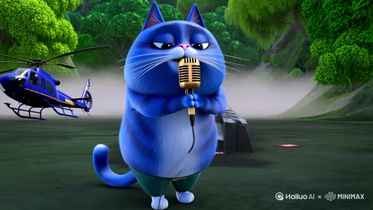 一只蓝色的胖猫在科比坠机的旁边拿着麦克风 深情演绎歌曲 by Hailuo AI Video Generator