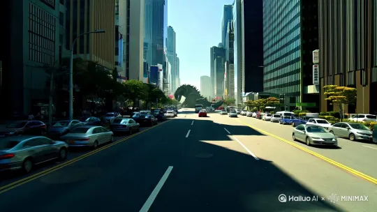 城市的街道上，街道两边高楼林立，马路边停满了汽车[推出,上升,下摇]地面开始震动，远处隐隐出现哥斯拉的身影[拉远] by Hailuo AI Video Generator