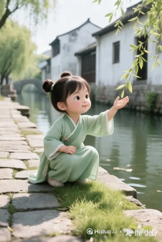 「春日阳光下,6岁亚洲女孩(穿浅绿色棉麻汉服,扎双丸子头)蹲在河岸边草地,伸手接住飘落的柳叶,阳光穿透叶片纹理,背景为真实江南水乡场景(青石板路、白墙黛瓦),Q版3D绘图,超写实摄影,8K细节,自然光效,绒毛质感清晰可见」 by Hailuo AI Video Generator