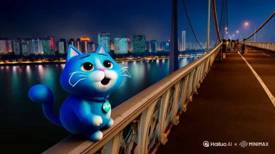 [推进,上升]在夜晚，蓝色胖猫重庆长江大桥坐在护栏旁，张嘴奶声奶气地念诗：“根本你不懂得不懂得爱我 。”行人好奇驻足，它却不管不顾，继续摇头晃脑：“辛苦你日或夜在受罚迁就我。”超级可爱的卡通风格 by Hailuo AI Video Generator