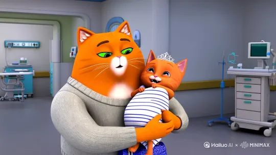 画面中，一只身着灰色毛衣的大橘猫怀抱着一只裹着白色带蓝纹襁褓的小橘猫，小橘猫似乎在哭背景为医院走廊场景，有门与医疗设施元素，五年后大橘猫穿着时髦的衣服带着项链，手提包包，小橘猫五岁了穿着公主群拿着小包包，整体营造出温馨且充满亲子温情的拟人化氛围。 by Hailuo AI Video Generator
