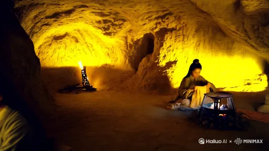 轨道环绕 | 全景 | 洞窟内暖黄火光摇曳，麦冬在壁画前勾线，女主在角落缝补，颜料罐在炭火旁冒泡 | 毛笔沙沙声/织物撕裂声 | 3s |
| 2-2 | 升格镜头 | 特写 | 女主手指被针扎出血珠，血滴落进赭石颜料罐泛起涟漪 | 水滴空灵回响 | 2s | by Hailuo AI Video Generator