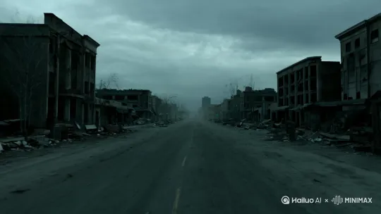 末日城市废墟街景，渺无人烟，落败感[推进] by Hailuo AI Video Generator