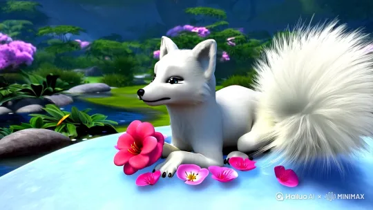 A cute and adorable baby white fox pink a big fluffy tail,holding a pink flower lay on a cloud in paradise,big eyes,Peach blossom,stream,enchanting,immortal,fluffy,shiny mane,Petals,fairyism,unreal engine 5 and Octane Rende[左移,推进,右摇]r by Hailuo AI Video Generator