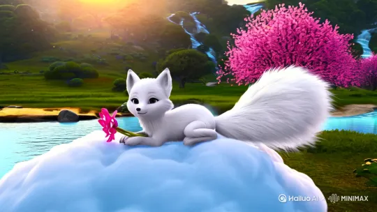 A cute and adorable baby white fox pink a big fluffy tail,holding a pink flower lay on a cloud in paradise,big eyes,Peach blossom,stream,enchanting,immortal,fluffy,shiny mane,Petals,fairyism,unreal engine 5 and Octane Rende[左移,推进,右摇][跟随]r by Hailuo AI Video Generator
