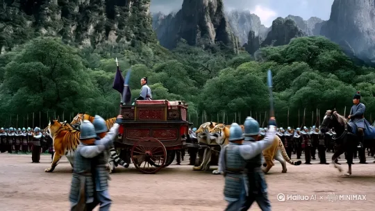 车前步卒长矛开道，鬼谷子端坐在虎豹拉的车上，神态自若，青年将军纵马擎旗，苏代殿后，在山色树石间漫行。 by Hailuo AI Video Generator