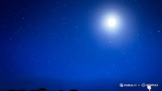 在一个晴朗的夏天晚上，天空中有着无数璀璨的星星和一颗明亮的月亮[右移,左摇,跟随]，一个男孩骑着自行车[推进,上升]，在车后排座上带着一个女孩，在城市道路边的天鹅湖边慢慢行驶[右移,跟随]，女孩穿着一件白色的外套和蓝色 by Hailuo AI Video Generator
