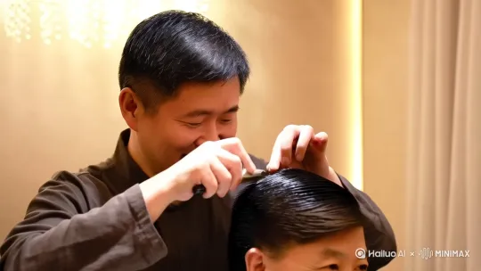 向丁发型师正在给客户设计发型，认真修剪头发，一边剪头发一边和客户交流聊天，客户非常愉快的被剪完发型， by Hailuo AI Video Generator