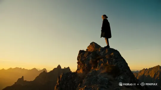 一个人的站在一座山顶，看对面的日照金山，模仿无人机运镜[拉远,上升,下摇][右移,左摇,跟随] by Hailuo AI Video Generator